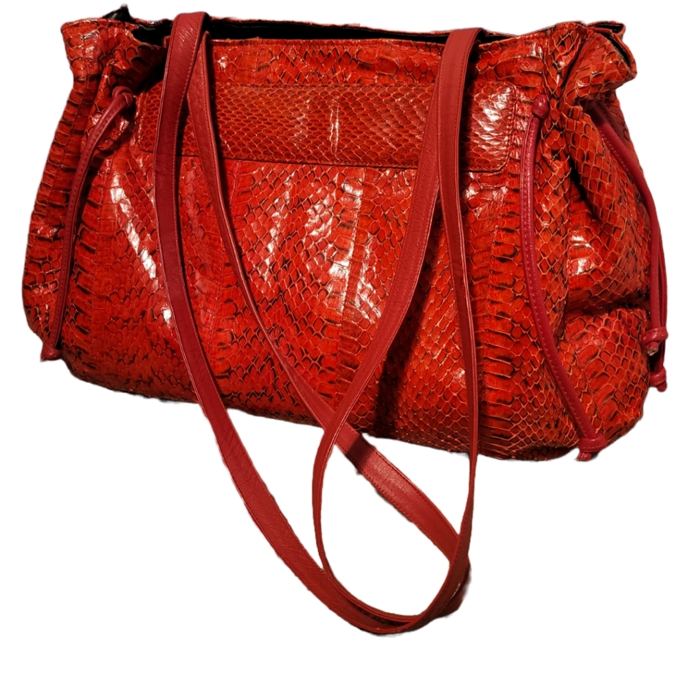 Snakeskin (Genuine) Red/Blk Shoulder Bag Divina Firenze EUC 10×17×5.5 & 15"Strap